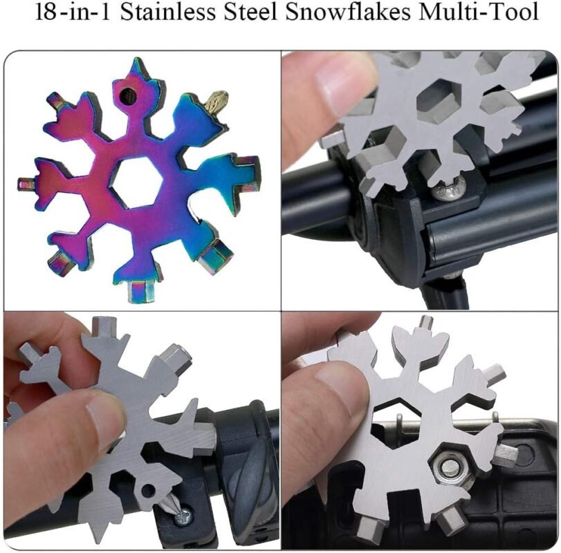 snowflake shaped multitool with ends of the snowflake design having a tool like a multi use screwdriver.